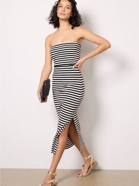 Strapless Black & White Striped Midi Dress